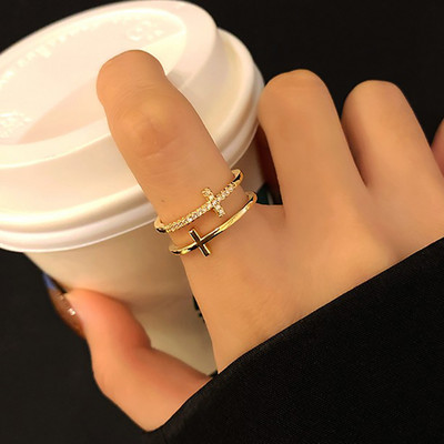 Inele de degete reglabile de culoare argintie, cu zirconiu cubic, stivuibile, cu două straturi, pentru femei, bijuterii coreene