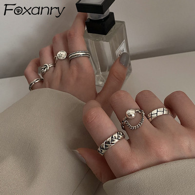 FOXANRY Сребърни цветни пръстени Модни двойки Хип-хоп Реколта Опростен геометричен дизайн Тайландски сребърни парти бижута на едро