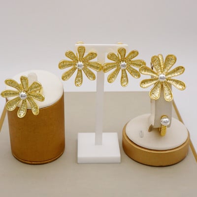 Madingas rusiškas 3vnt papuošalų rinkinys Prabangus Blizgantis Brazilijos Aukso Spalvos Apyrankės Auskarai Žiedas Moterų Dovana