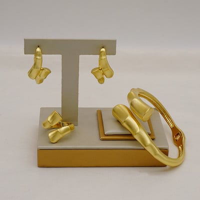 Madingas rusiškas 3vnt papuošalų rinkinys Prabangus Blizgantis Brazilijos Aukso Spalvos Apyrankės Auskarai Žiedas Moterų Dovana