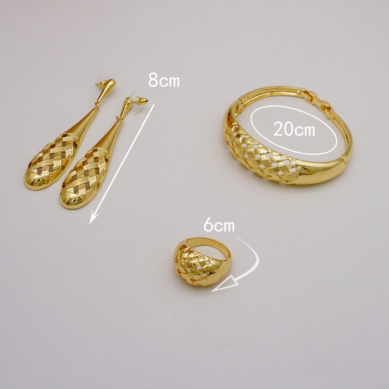 Madingas rusiškas 3vnt papuošalų rinkinys Prabangus Blizgantis Brazilijos Aukso Spalvos Apyrankės Auskarai Žiedas Moterų Dovana