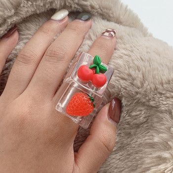 Модно ягодово черешово сърце с геометрична квадратна смола, акрилни големи масивни пръстени, комплект за жени, цветен пръстен, пръстен Y2K бижута