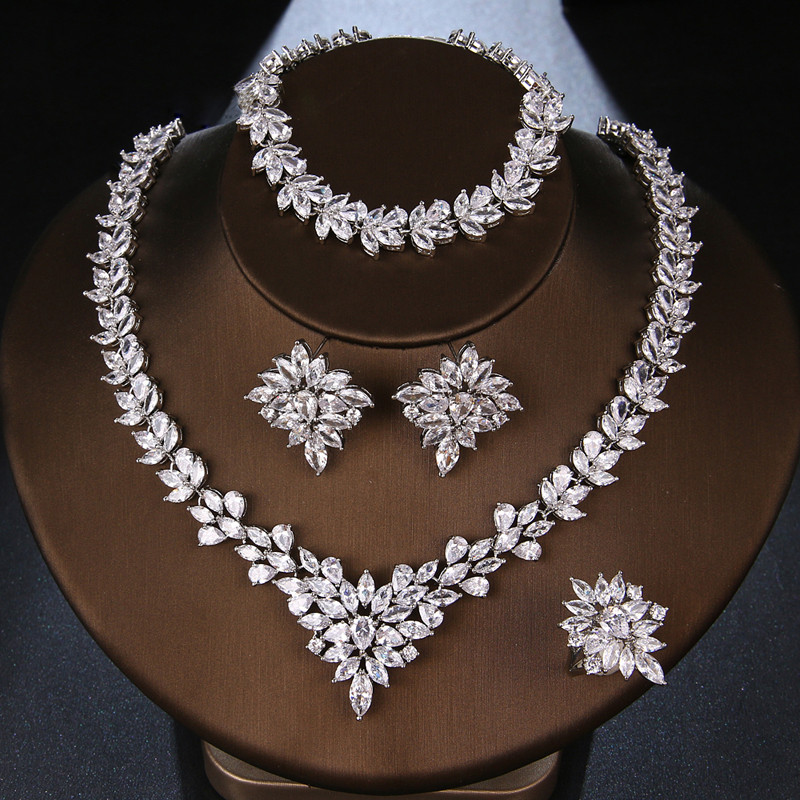 Prabangių prekių ženklų CZ cirkonio karolių papuošalų rinkiniai moterims 2022 m. sidabro spalvos Marquise Dubai vestuvių papuošalų rinkinys Bijoux Femme