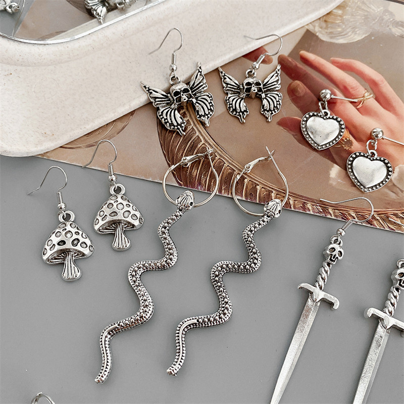 18Pcs/Set Punk Gothic Set naušnica za žene Posrebrene naušnice Vintage zmija leptir gljiva naušnica modni crni nakit