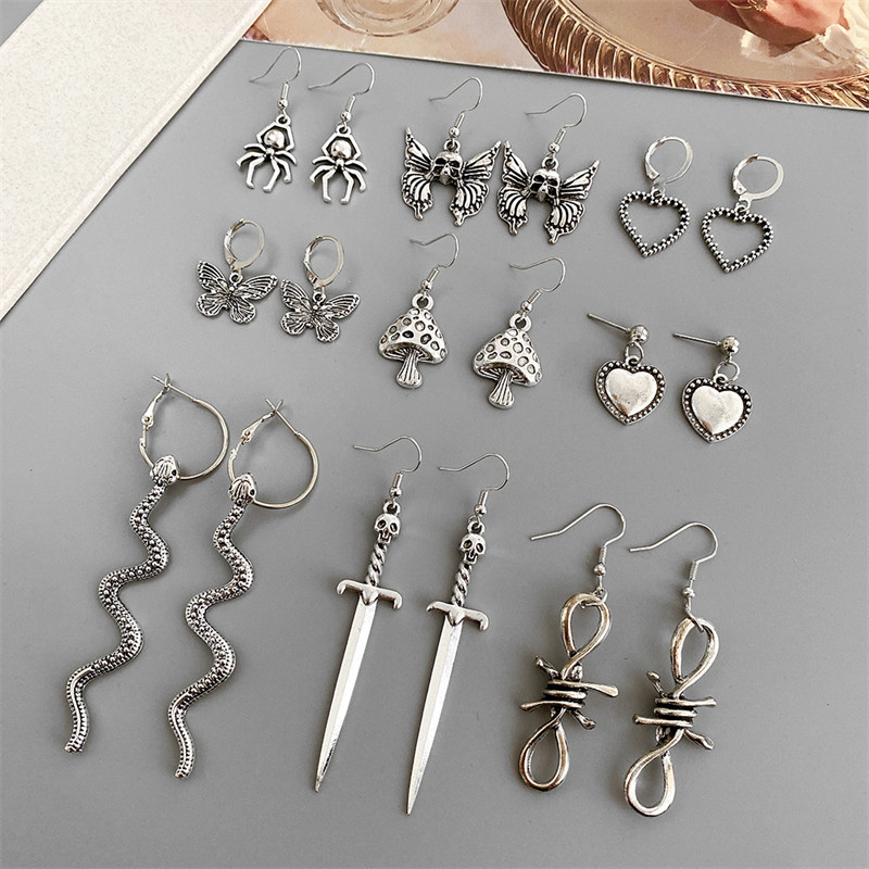 18Pcs/Set Punk Gothic Set naušnica za žene Posrebrene naušnice Vintage zmija leptir gljiva naušnica modni crni nakit