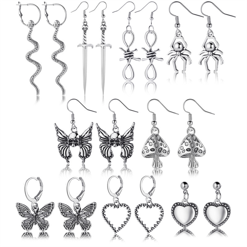 18Pcs/Set Punk Gothic Set naušnica za žene Posrebrene naušnice Vintage zmija leptir gljiva naušnica modni crni nakit