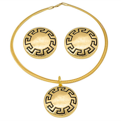 Papuošalų rinkiniai moterims karoliai ir auskarai Dubajaus afrikietiškas 24K paauksuotas vario apskritimo apvalaus rašto vestuvinių papuošalų rinkinys
