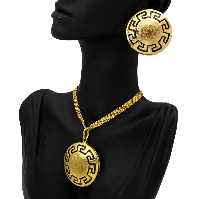 Papuošalų rinkiniai moterims karoliai ir auskarai Dubajaus afrikietiškas 24K paauksuotas vario apskritimo apvalaus rašto vestuvinių papuošalų rinkinys