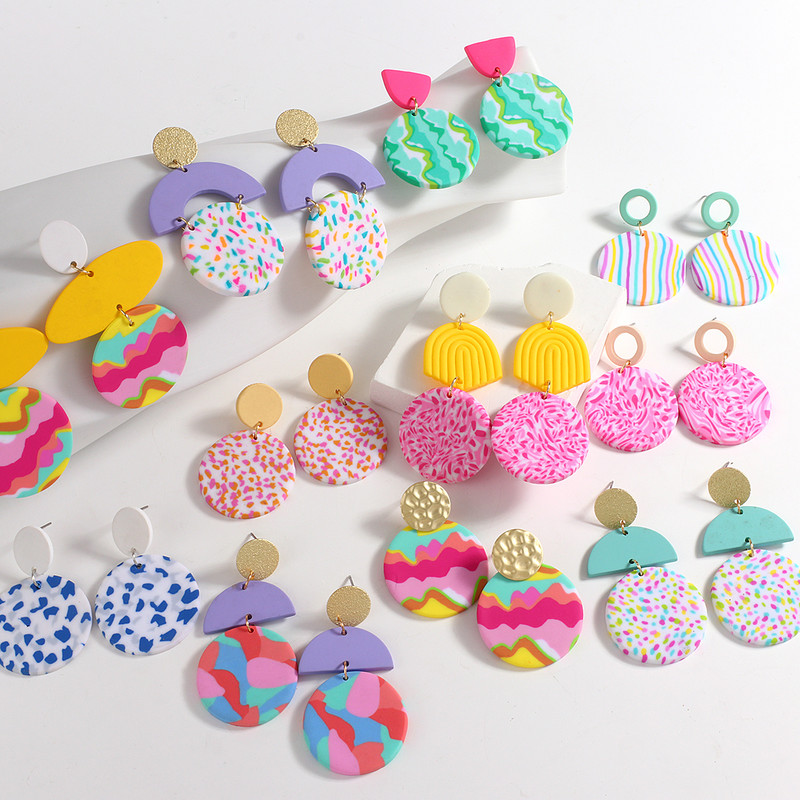 AENSOA unikalūs spalvingi abstrakčių raštų polimero molio auskarai moterims rankų darbo apvalūs pakabukai nuleidžiami auskarai papuošalų didmeninė prekyba