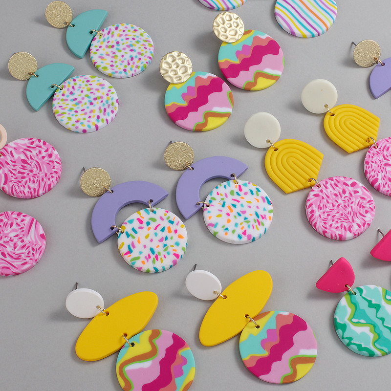 AENSOA unikalūs spalvingi abstrakčių raštų polimero molio auskarai moterims rankų darbo apvalūs pakabukai nuleidžiami auskarai papuošalų didmeninė prekyba