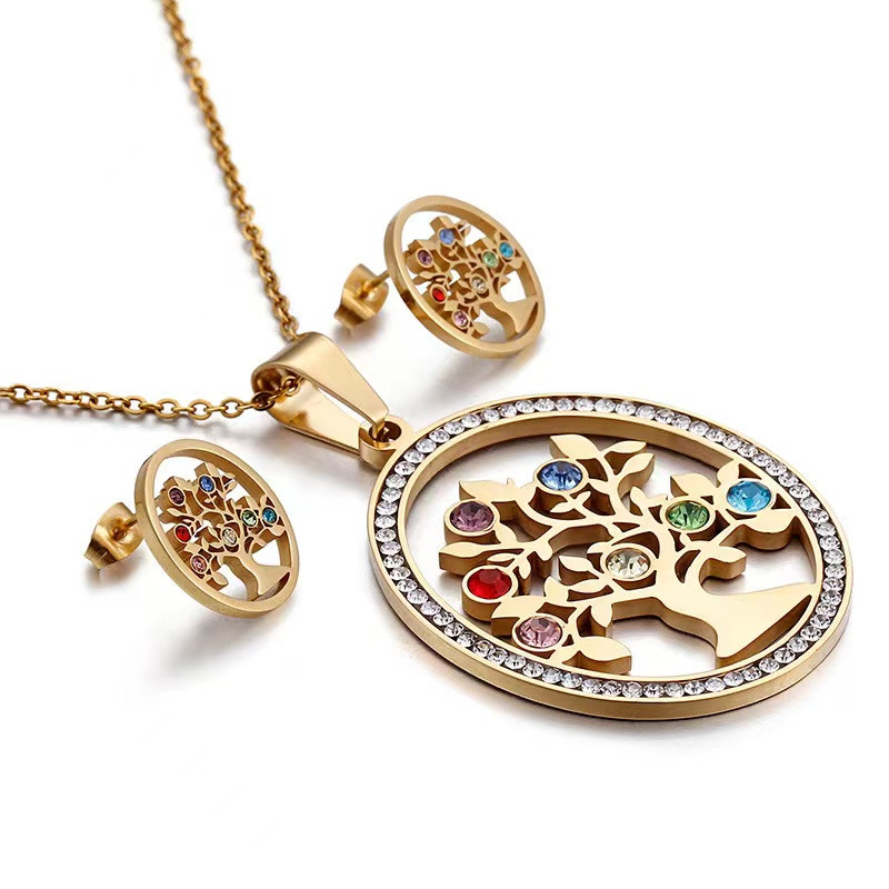 Jauni krāsaini dzīvības kristāla koka nerūsējošā tērauda zelta/sudraba krāsas Ziemassvētku rotaslietu komplekti sievietēm/meiteņu kaklarotas ballītei.
