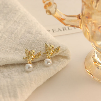 Модни сладки купидон ангелски обеци за жени Елегантни ретро френски златни ангелски перлени обеци Момичета Парти бижута Подаръци