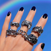 Punk gotikinis širdies žiedų rinkinys moterims Flame Pentagram Vintage Spades Ace Sidabruotas Retro žavus biliardas pirštų papuošalai