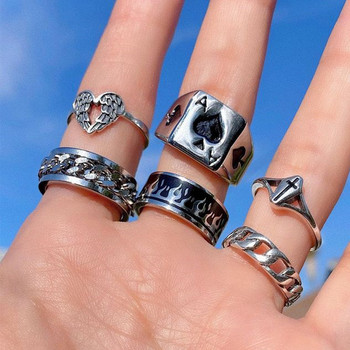 Пънк готически комплект пръстени със сърце за жени Пламен пентаграм Винтидж пика Асо сребърно покритие Ретро Чар Билярд Бижута за пръсти