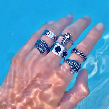 Пънк готически комплект пръстени със сърце за жени Пламен пентаграм Винтидж пика Асо сребърно покритие Ретро Чар Билярд Бижута за пръсти