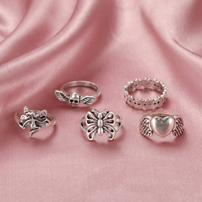 Punk gotikinis širdies žiedų rinkinys moterims Flame Pentagram Vintage Spades Ace Sidabruotas Retro žavus biliardas pirštų papuošalai