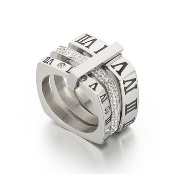 Луксозен женски годежен пръстен Модерни пръстени от неръждаема стомана Три слоя римски цифри Циркон Булчински сватбени пръстени Бижута Подарък