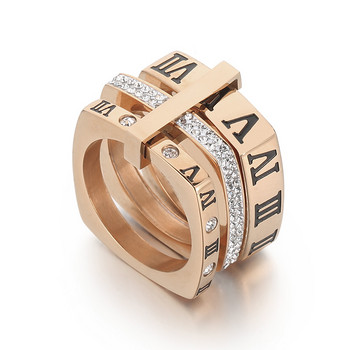 Луксозен женски годежен пръстен Модерни пръстени от неръждаема стомана Три слоя римски цифри Циркон Булчински сватбени пръстени Бижута Подарък