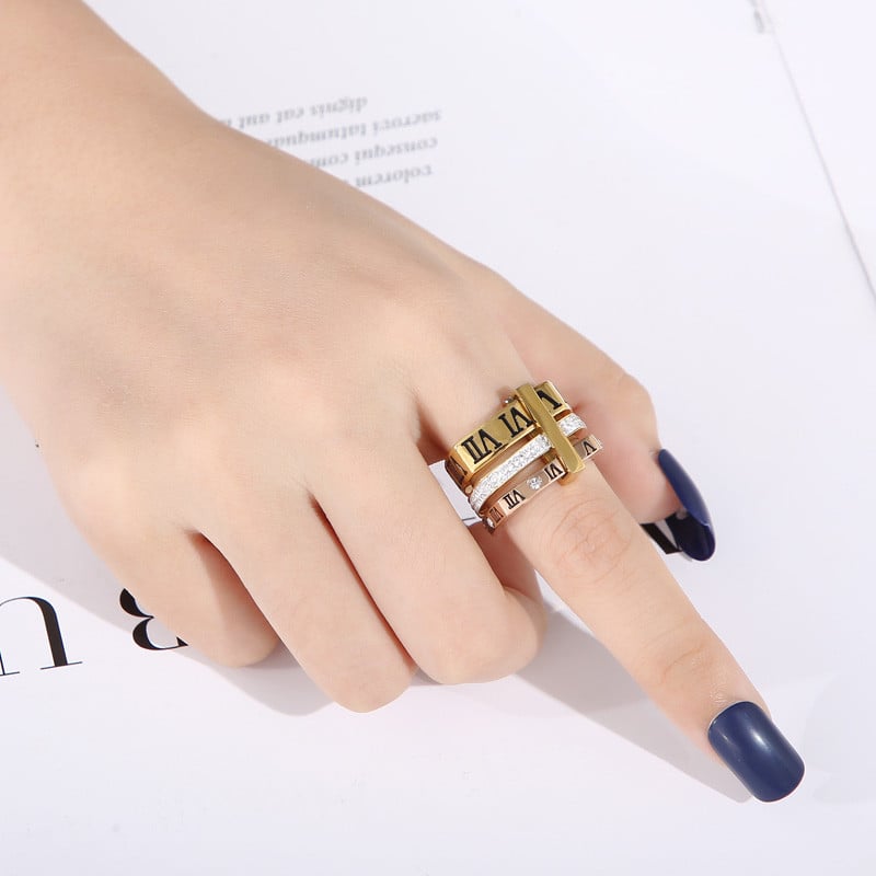 Prabangus moteriškas sužadėtuvių žiedas Madingi nerūdijančio plieno žiedai trijų sluoksnių romėniški skaitmenys Cirkonas Vestuviniai žiedai Juvelyrika Dovana