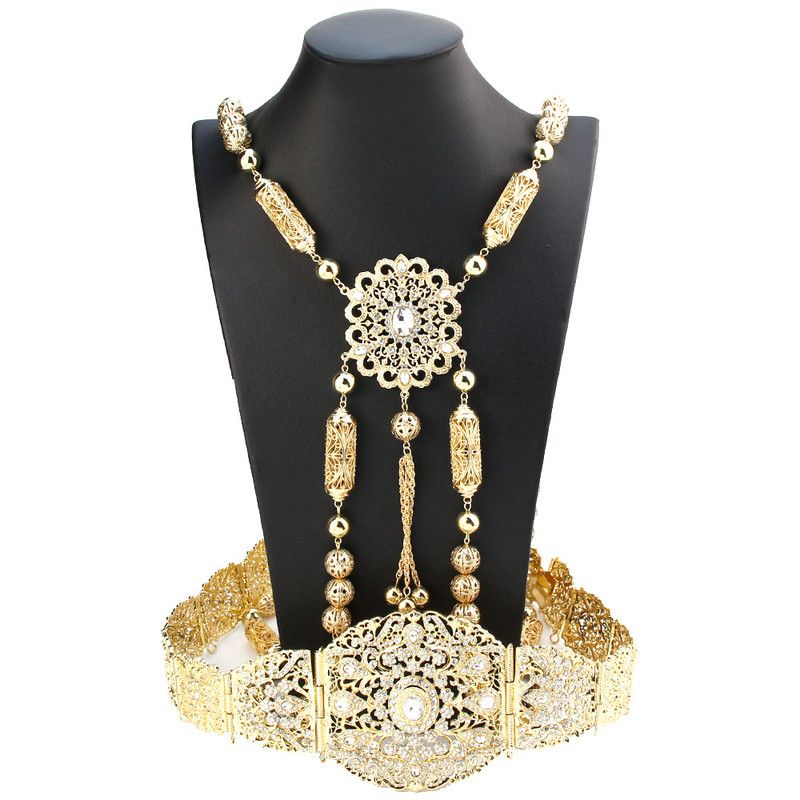 Sunspicems nuotakos suknelė kaftano diržo pečių grandinėlės rinkinys aukso spalvos Alžyras Marokas Moterų vestuvių papuošalai Arabiška krištolinė kūno grandinė
