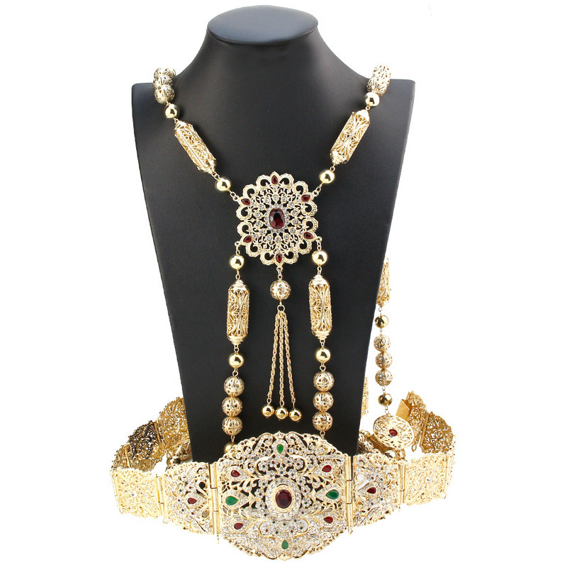 Sunspicems nuotakos suknelė kaftano diržo pečių grandinėlės rinkinys aukso spalvos Alžyras Marokas Moterų vestuvių papuošalai Arabiška krištolinė kūno grandinė