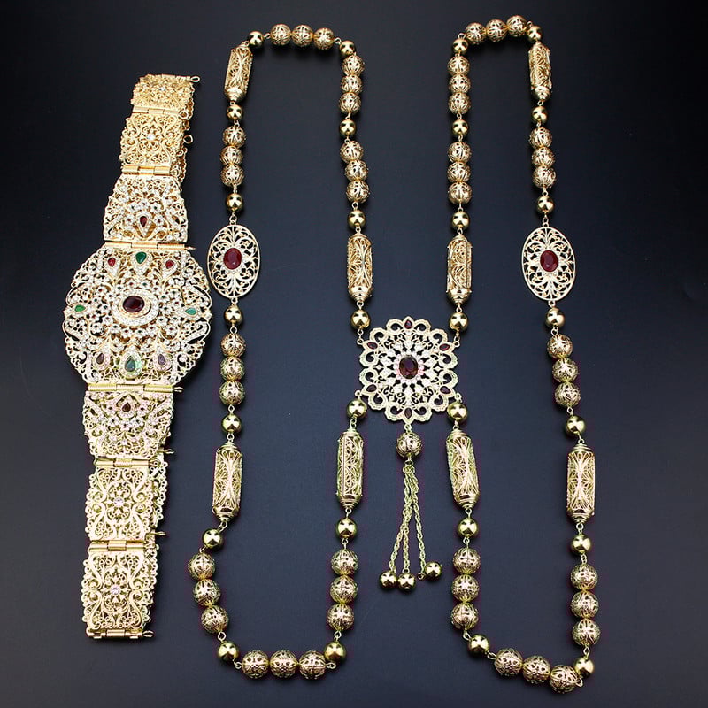 Sunspicems nuotakos suknelė kaftano diržo pečių grandinėlės rinkinys aukso spalvos Alžyras Marokas Moterų vestuvių papuošalai Arabiška krištolinė kūno grandinė