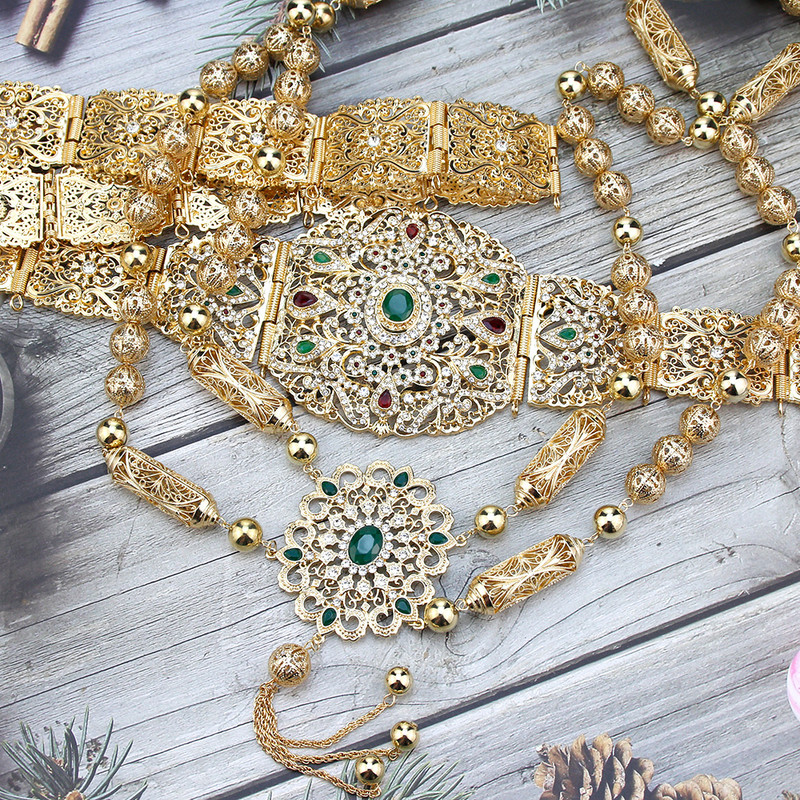 Sunspicems nuotakos suknelė kaftano diržo pečių grandinėlės rinkinys aukso spalvos Alžyras Marokas Moterų vestuvių papuošalai Arabiška krištolinė kūno grandinė