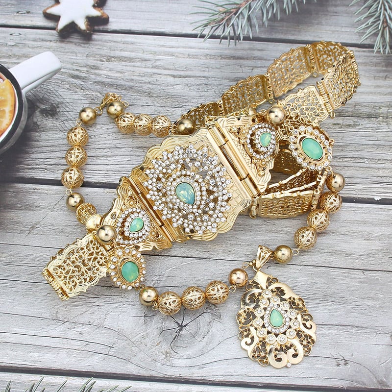 Sunspicems Alžyras Marokas papuošalų rinkiniai Moteriška Suknelė Kaftanas Diržas Metaliniai Karoliukai Kaklo papuošalai Arabiški nuotakos Vestuviniai Diržai Kūno papuošalai