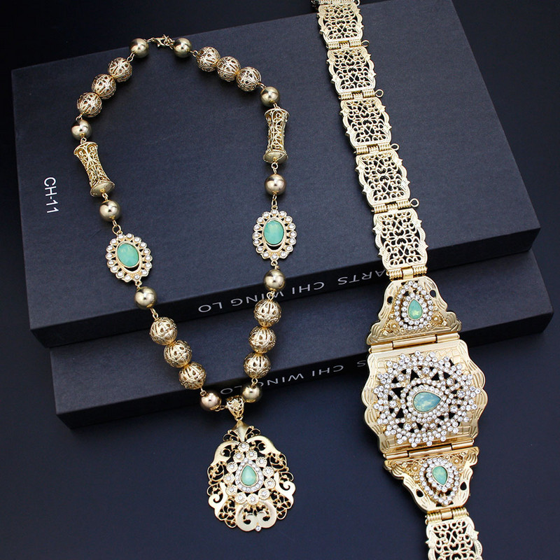 Sunspicems Alžyras Marokas papuošalų rinkiniai Moteriška Suknelė Kaftanas Diržas Metaliniai Karoliukai Kaklo papuošalai Arabiški nuotakos Vestuviniai Diržai Kūno papuošalai