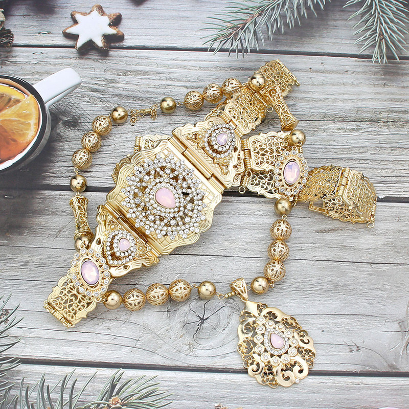 Sunspicems Alžyras Marokas papuošalų rinkiniai Moteriška Suknelė Kaftanas Diržas Metaliniai Karoliukai Kaklo papuošalai Arabiški nuotakos Vestuviniai Diržai Kūno papuošalai