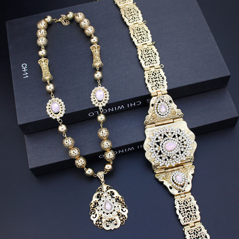 Sunspicems Alžyras Marokas papuošalų rinkiniai Moteriška Suknelė Kaftanas Diržas Metaliniai Karoliukai Kaklo papuošalai Arabiški nuotakos Vestuviniai Diržai Kūno papuošalai