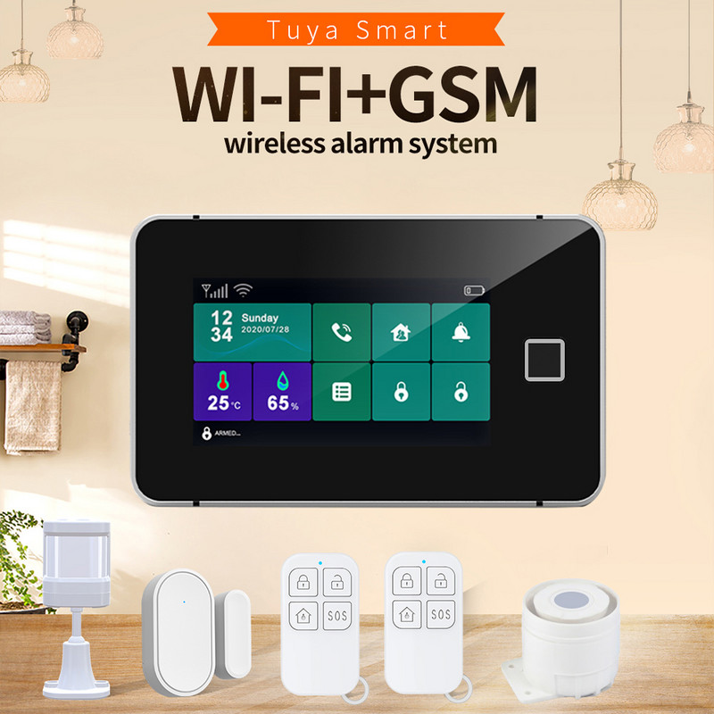Tuya WiFi GSM Full Touch ginkluotos pirštų atspaudų apsaugos signalizacijos sistemos temperatūros drėgmės ekranas 433mhz belaidis išmanusis namų įsilaužėlis