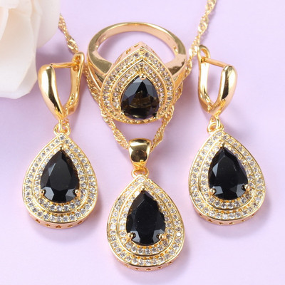 Costum picătură de apă Zirconiu cubic albastru Seturi de bijuterii placate cu aur Colier și cercei africani Seturi de 3 piese Cadou pentru femei