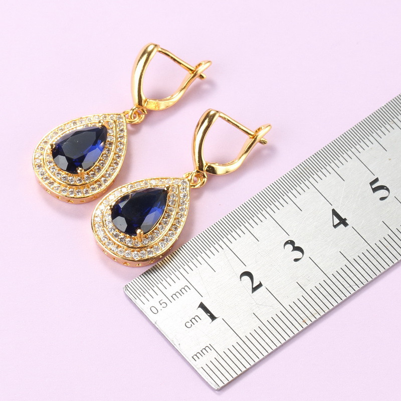 Costum picătură de apă Zirconiu cubic albastru Seturi de bijuterii placate cu aur Colier și cercei africani Seturi de 3 piese Cadou pentru femei