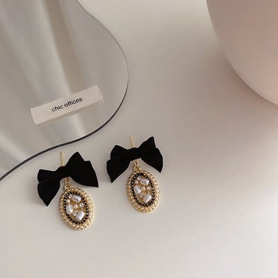 Korejski dizajn Retro slatke naušnice s mašnom od tkanine Ženski elegantni ovalni biserni metalni privjesak Viseća naušnica Temperamentni modni nakit