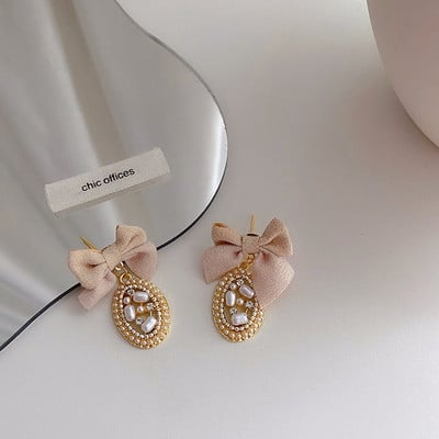 Korejski dizajn Retro slatke naušnice s mašnom od tkanine Ženski elegantni ovalni biserni metalni privjesak Viseća naušnica Temperamentni modni nakit