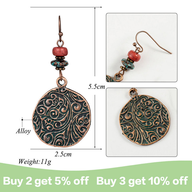 2019 m. nauji madingi graviruoti retro vintažiniai etniniai kabantys apvalūs kabantys auskarai moterims, moteriškas vestuvių aksesuaras