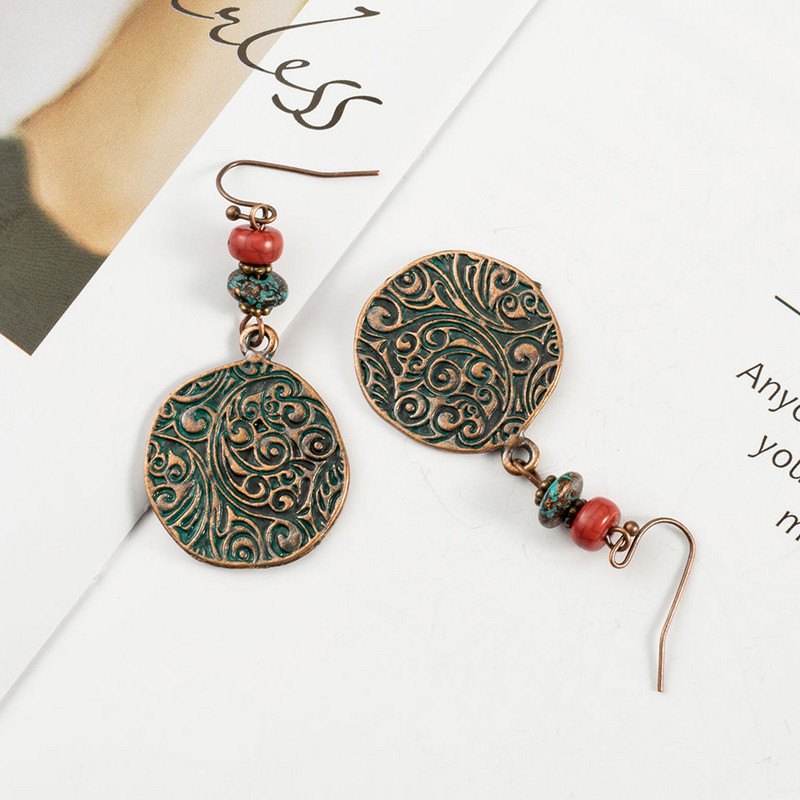2019 m. nauji madingi graviruoti retro vintažiniai etniniai kabantys apvalūs kabantys auskarai moterims, moteriškas vestuvių aksesuaras
