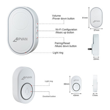 CPVAN Интелигентен безжичен звънец 58 Ring Songs Smart Door Bell Chime EU UK US Plug TUYA APP Wifi Doorbell Алармена система