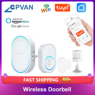 CPVAN Интелигентен безжичен звънец 58 Ring Songs Smart Door Bell Chime EU UK US Plug TUYA APP Wifi Doorbell Алармена система