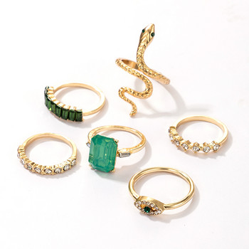 docona 6 бр./компл. Луксозни пръстени със зелени кристали за жени Винтидж Кристална змия Регулируем метален комплект пръстени Бижута Anillos 18711