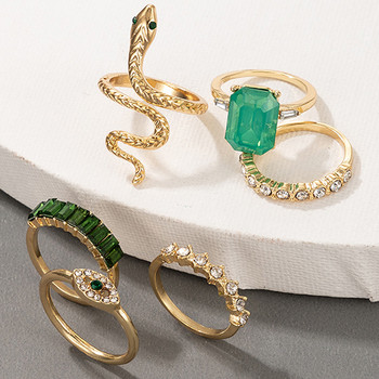 docona 6τμχ/σετ Πολυτελή Πράσινα Δαχτυλίδια Γυναικεία Rhinestone Vintage Crystal Snake Ρυθμιζόμενο Μεταλλικό Σετ Δαχτυλίδι Jewelry Anillos 18711