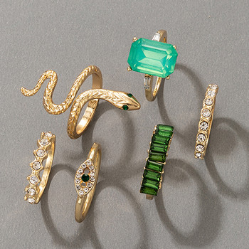 docona 6 бр./компл. Луксозни пръстени със зелени кристали за жени Винтидж Кристална змия Регулируем метален комплект пръстени Бижута Anillos 18711