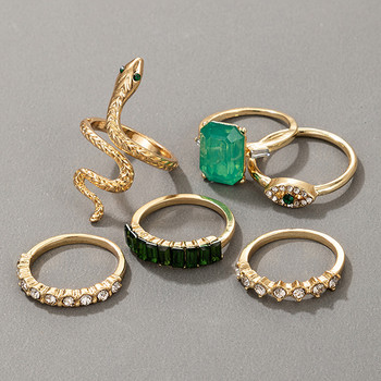 docona 6τμχ/σετ Πολυτελή Πράσινα Δαχτυλίδια Γυναικεία Rhinestone Vintage Crystal Snake Ρυθμιζόμενο Μεταλλικό Σετ Δαχτυλίδι Jewelry Anillos 18711