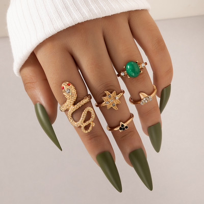 docona 6vnt/komplektas Prabangūs žalios spalvos Kalnų krištolinio akmens žiedai moterims Vintage Crystal Snake Reguliuojamas metalinis žiedų rinkinys Papuošalai Anillos 18711