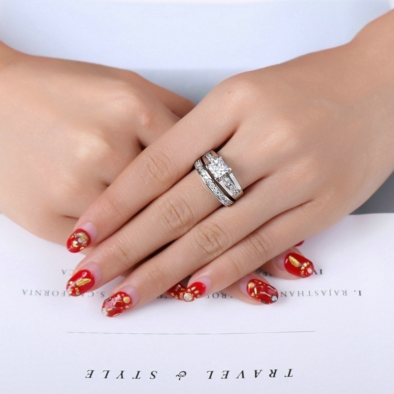 Amvie He ir jos poros žiedai, inkrustuoti cirkoniu, vyriški nerūdijančio plieno moteriški dvigubi vestuviniai žiedai sužadėtuvių dovana