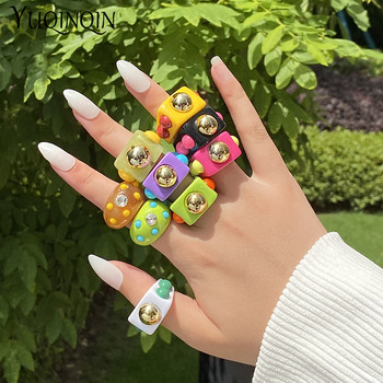 Геометрични цветни пънк пръстени за пръсти за тийнейджърки Дамски смола Минималистични годежни дамски пръстени Големи големи винтидж пръстени