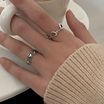 Корейски пънк любовен комплект пръстени със сърце 5 бр. Личност Темперамент Циркон Сребърен цвят Геометрични пръстени за жени Модни готически бижута