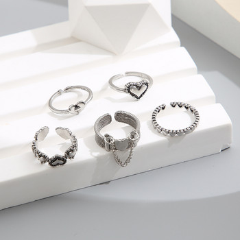 Korea Punk Love Heart Ring Σετ 5τμχ Personality Temperament Ζιργκόν Ασημί Χρώμα Γεωμετρικά δαχτυλίδια για γυναίκες Fashion Goth Κοσμήματα