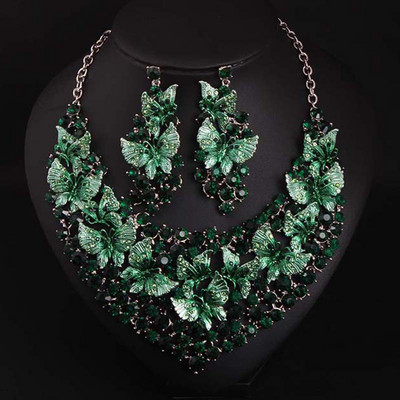 Prabangūs žali karoliai auskarai drugelių papuošalų rinkiniai pareiškimas nuotakos dovanos moterims vestuvių vakarėliui Indijos bižuterijos papuošalai